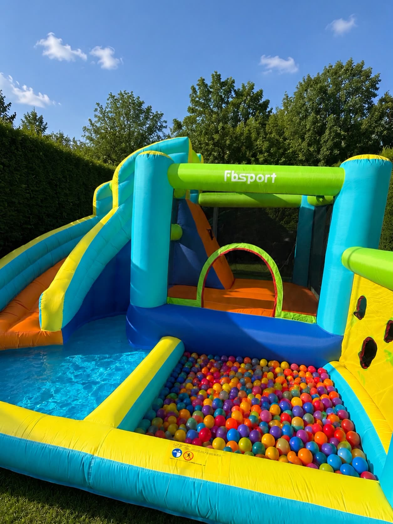 Wasser-Hüpfburg mit Rutsche und Ballpool